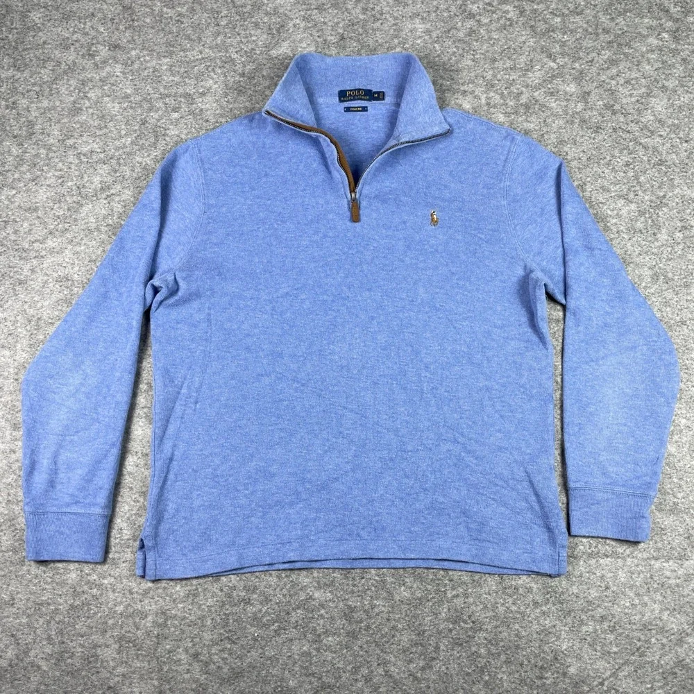 Polo Ralph Lauren Sweater Mens M Blue Estate Rib 1/4 Zip Cotton Preppy Pullover